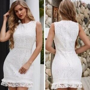 Eilly Bazar White Crochet Floral Lace Mini Dress S Sleeveless Fitted Bodycon